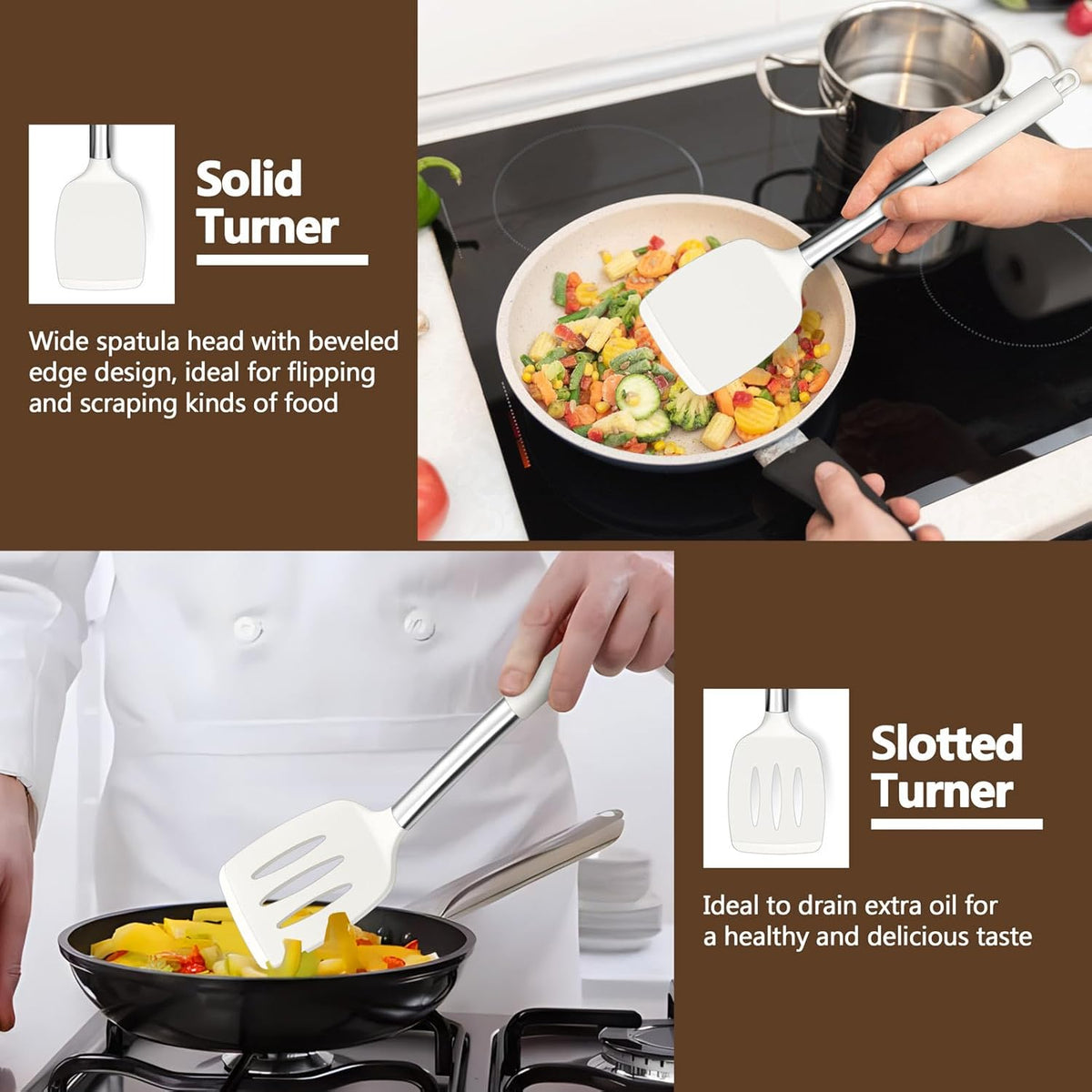 Black Kitchen Cooking Utensil Set of 4, Slicone Head & Steel Body | Silicone Solid Spatulas Slotted Spoons Turners for Non-stick Cookware Flipping Mixing, Heat-proof