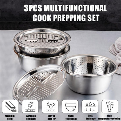 3 in 1 Stainless Steel Grater Shredder Slicer with Colander Drain Basin Bowl for Vegetables Fruits Salad as Washing Basket in Kitchen