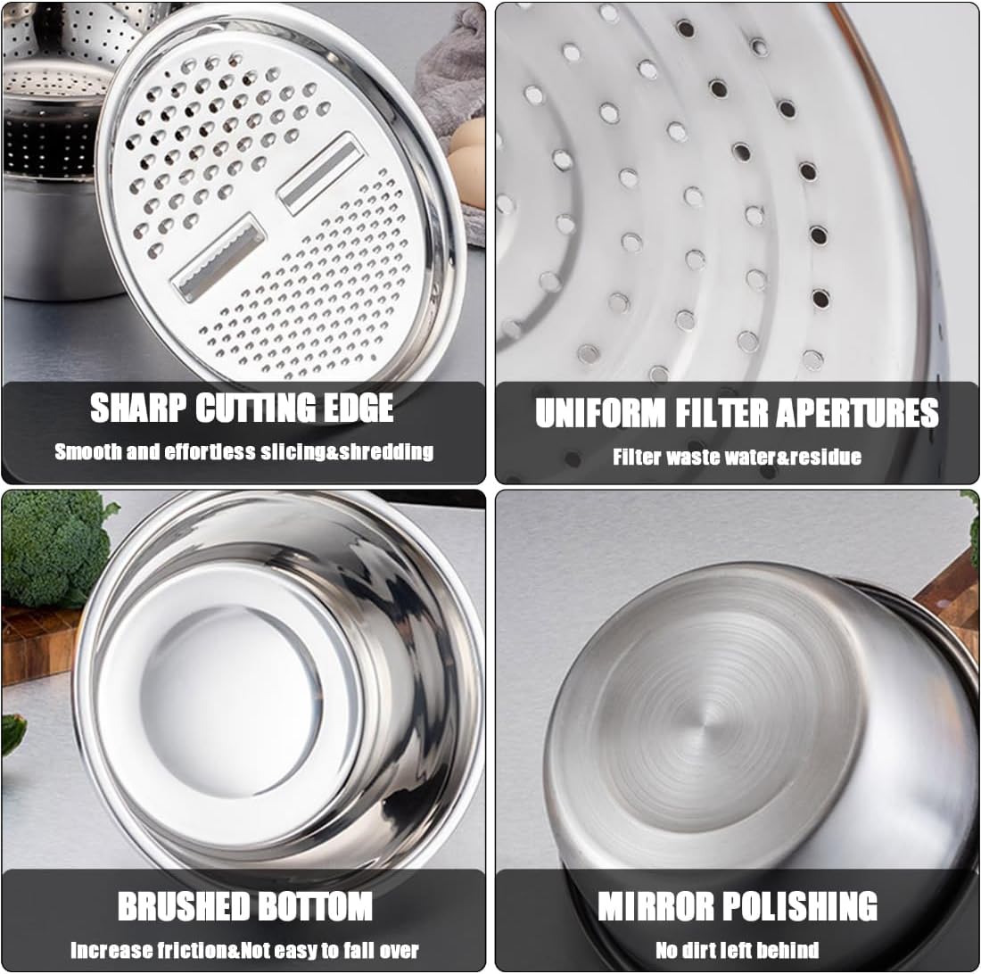 3 in 1 Stainless Steel Grater Shredder Slicer with Colander Drain Basin Bowl for Vegetables Fruits Salad as Washing Basket in Kitchen