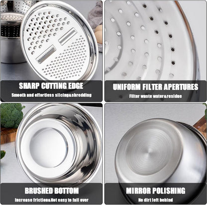 3 in 1 Stainless Steel Grater Shredder Slicer with Colander Drain Basin Bowl for Vegetables Fruits Salad as Washing Basket in Kitchen