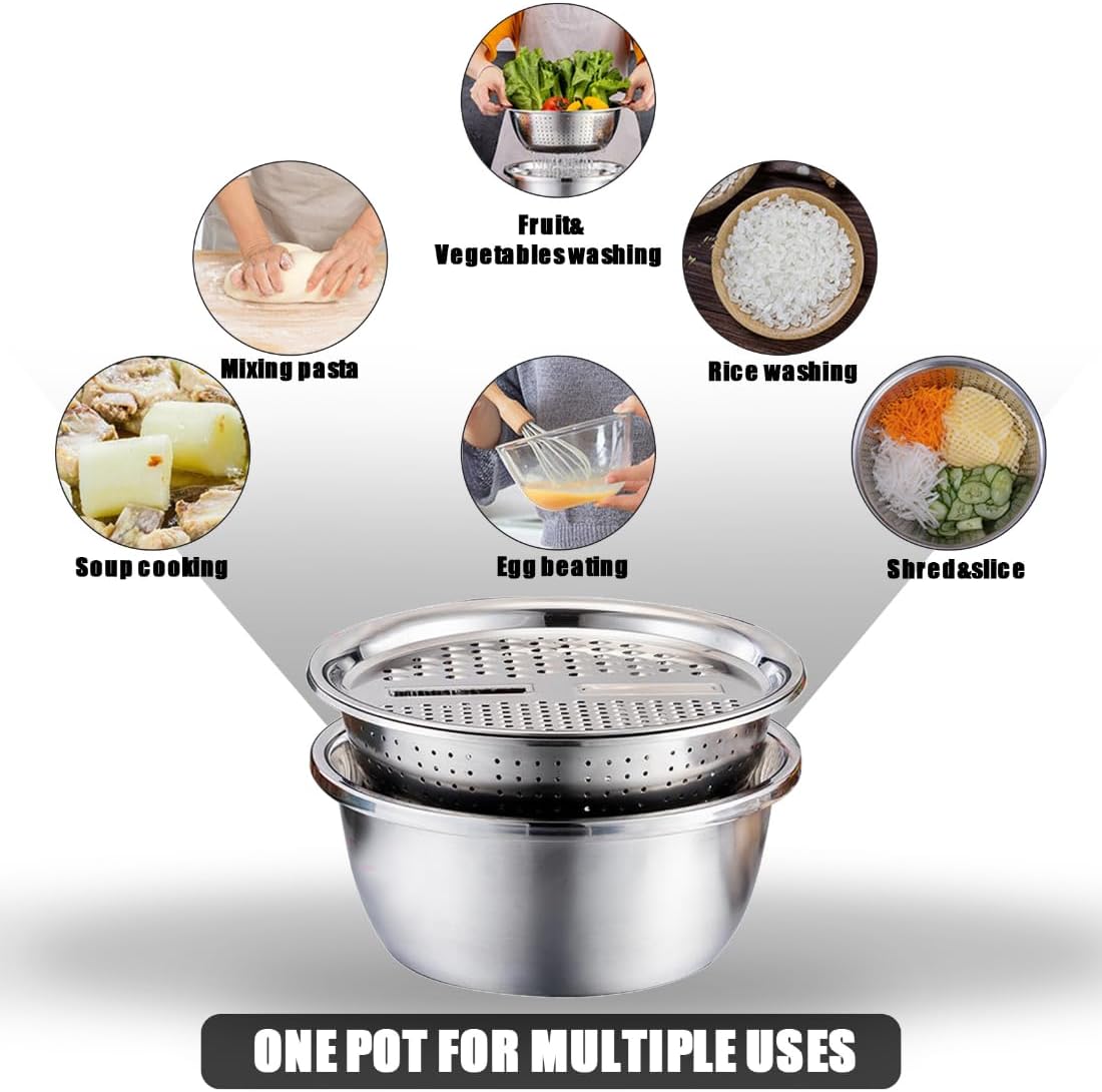3 in 1 Stainless Steel Grater Shredder Slicer with Colander Drain Basin Bowl for Vegetables Fruits Salad as Washing Basket in Kitchen