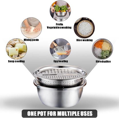 3 in 1 Stainless Steel Grater Shredder Slicer with Colander Drain Basin Bowl for Vegetables Fruits Salad as Washing Basket in Kitchen