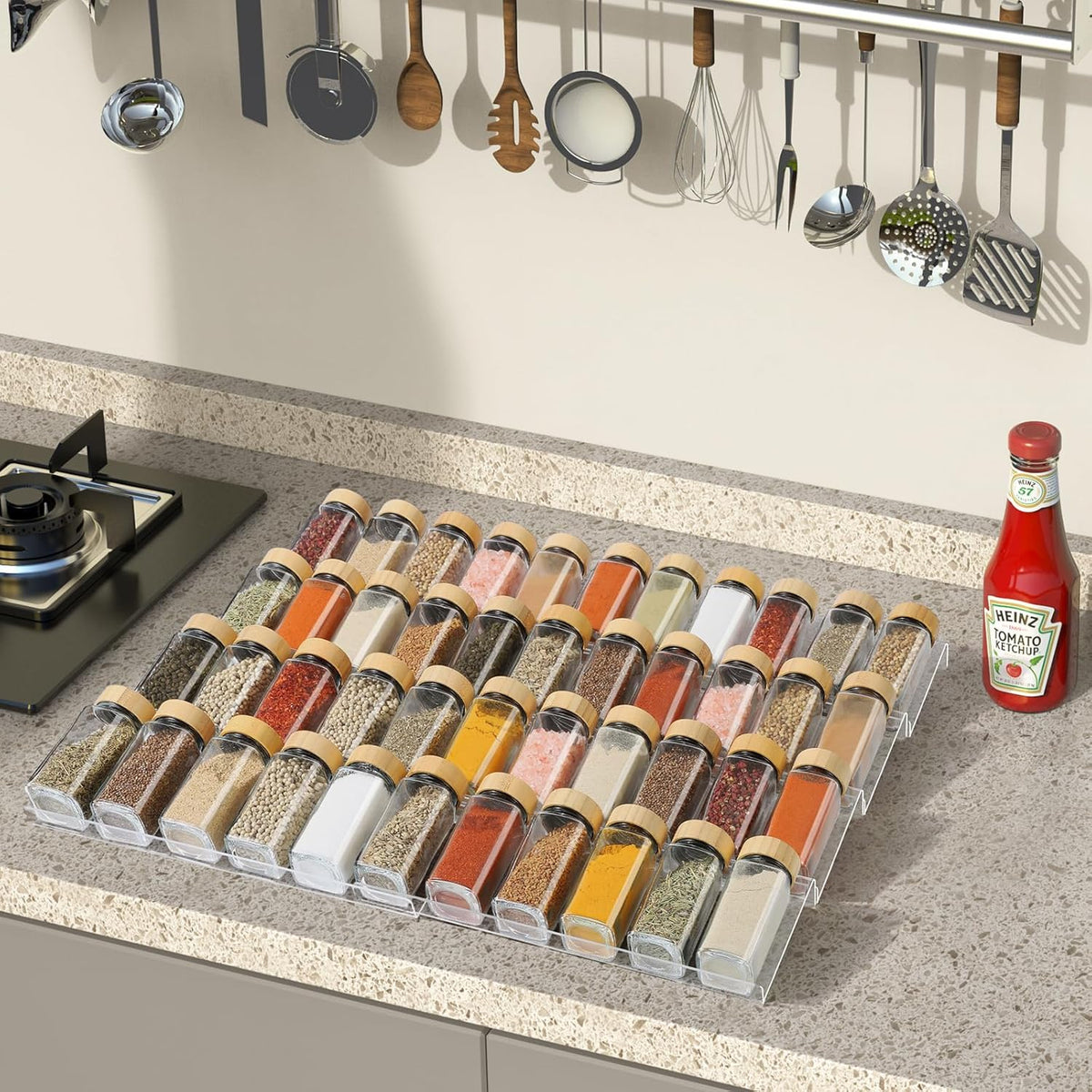 Spice Drawer Organizer 4 Tier, Acrylic Seasoning Organizer Rack, Small | Clear Spice Rack Tray, Kitchen Seasoning Jars Drawers Insert (Jars Not Included/ Expandable From 9" to 18")