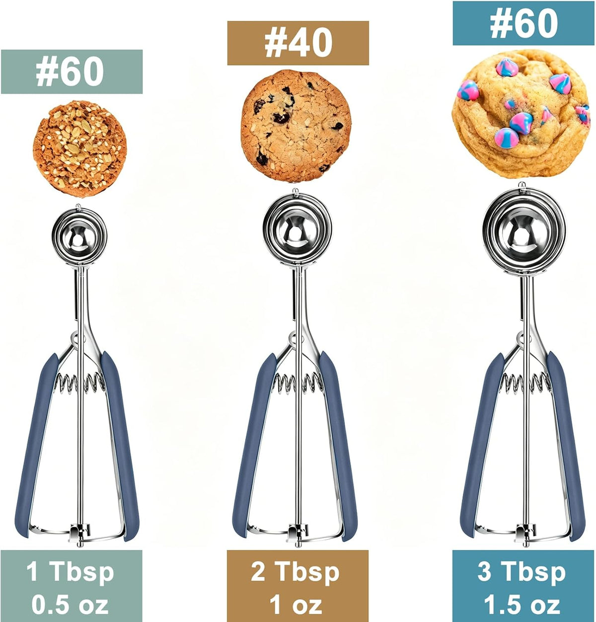 Cookie Scoop Set, Include 1 Tbsp/2 Tbsp/3 Tbsp, Cookie Dough Scoop, Cookie Scoops for Baking Set of 3, 18/8 Stainless Steel, Good Grip, Non-Slip, For Cookies Cupcake Muffin Ice Cream waffle