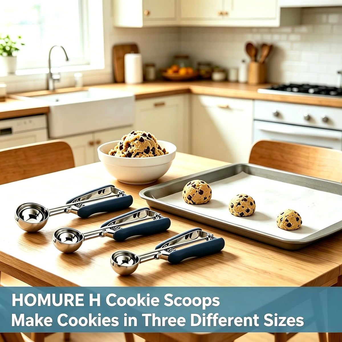 Cookie Scoop Set, Include 1 Tbsp/2 Tbsp/3 Tbsp, Cookie Dough Scoop, Cookie Scoops for Baking Set of 3, 18/8 Stainless Steel, Good Grip, Non-Slip, For Cookies Cupcake Muffin Ice Cream waffle