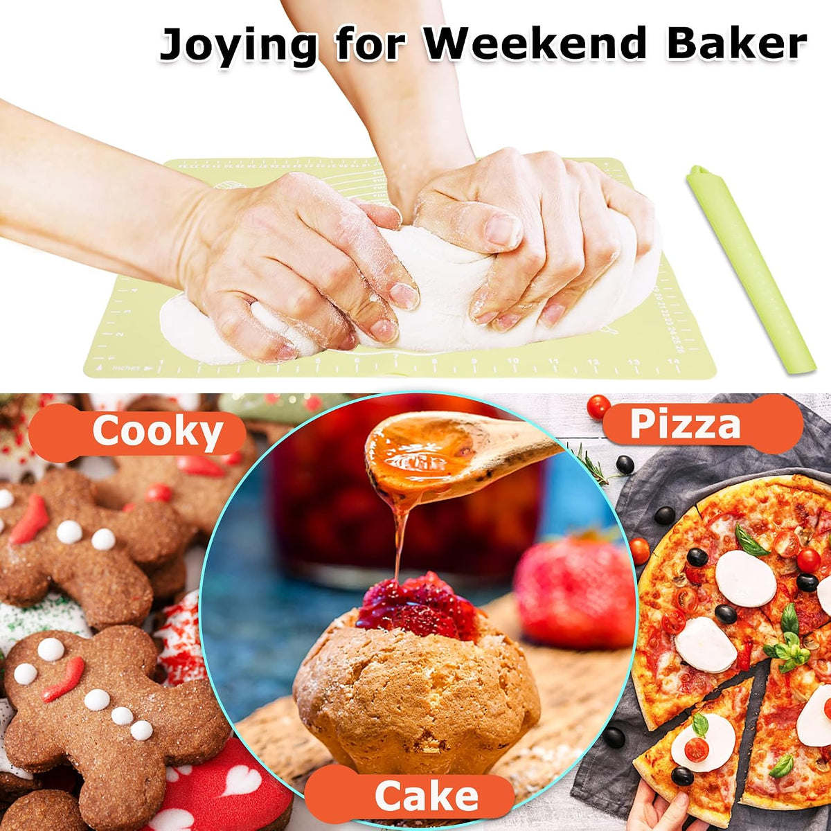 Rolling Pin Silicone Baking Pastry Mat Set,Pizza Dough Roller Baking Mat for Rolling Dough Non Slip Extra Large with Measure,Kitchen Counter Mat for Pie,Crust,Cookies,Bread,Pastries,Pasta, 15.7" x 24"
