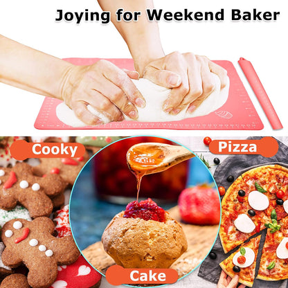 Rolling Pin Silicone Baking Pastry Mat Set,Pizza Dough Roller Baking Mat for Rolling Dough Non Slip Extra Large with Measure,Kitchen Counter Mat for Pie,Crust,Cookies,Bread,Pastries,Pasta, 15.7" x 24"