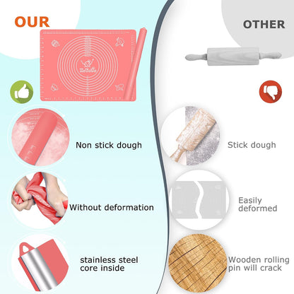 Rolling Pin Silicone Baking Pastry Mat Set,Pizza Dough Roller Baking Mat for Rolling Dough Non Slip Extra Large with Measure,Kitchen Counter Mat for Pie,Crust,Cookies,Bread,Pastries,Pasta, 15.7" x 24"