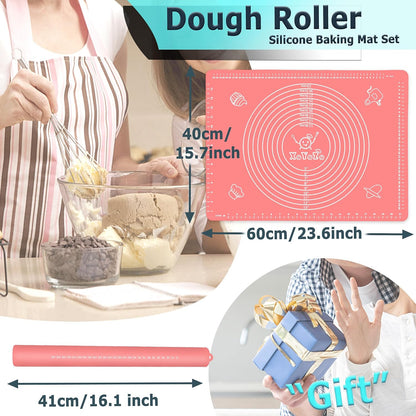 Rolling Pin Silicone Baking Pastry Mat Set,Pizza Dough Roller Baking Mat for Rolling Dough Non Slip Extra Large with Measure,Kitchen Counter Mat for Pie,Crust,Cookies,Bread,Pastries,Pasta, 15.7" x 24"