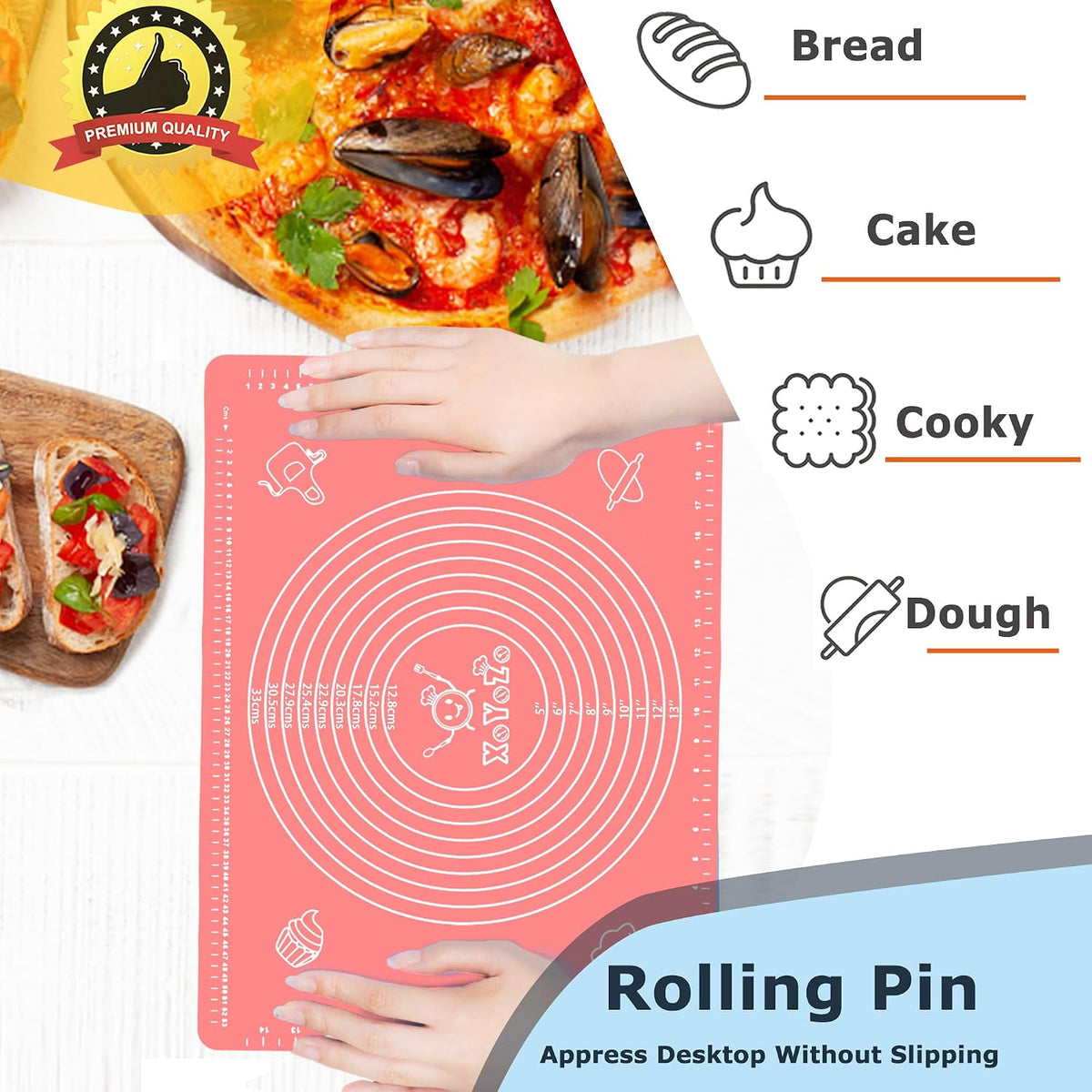 Rolling Pin Silicone Baking Pastry Mat Set,Pizza Dough Roller Baking Mat for Rolling Dough Non Slip Extra Large with Measure,Kitchen Counter Mat for Pie,Crust,Cookies,Bread,Pastries,Pasta, 15.7" x 24"