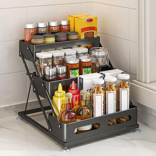 3 Tier Foldable Spice Rack, Black | Iron, For Countertop, Kitchen Seasoning Organizer, For Cabinet