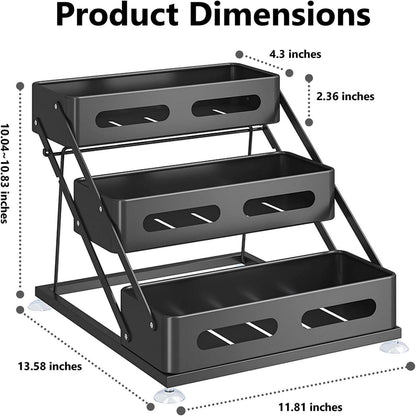 3 Tier Foldable Spice Rack, Black | Iron, For Countertop, Kitchen Seasoning Organizer, For Cabinet