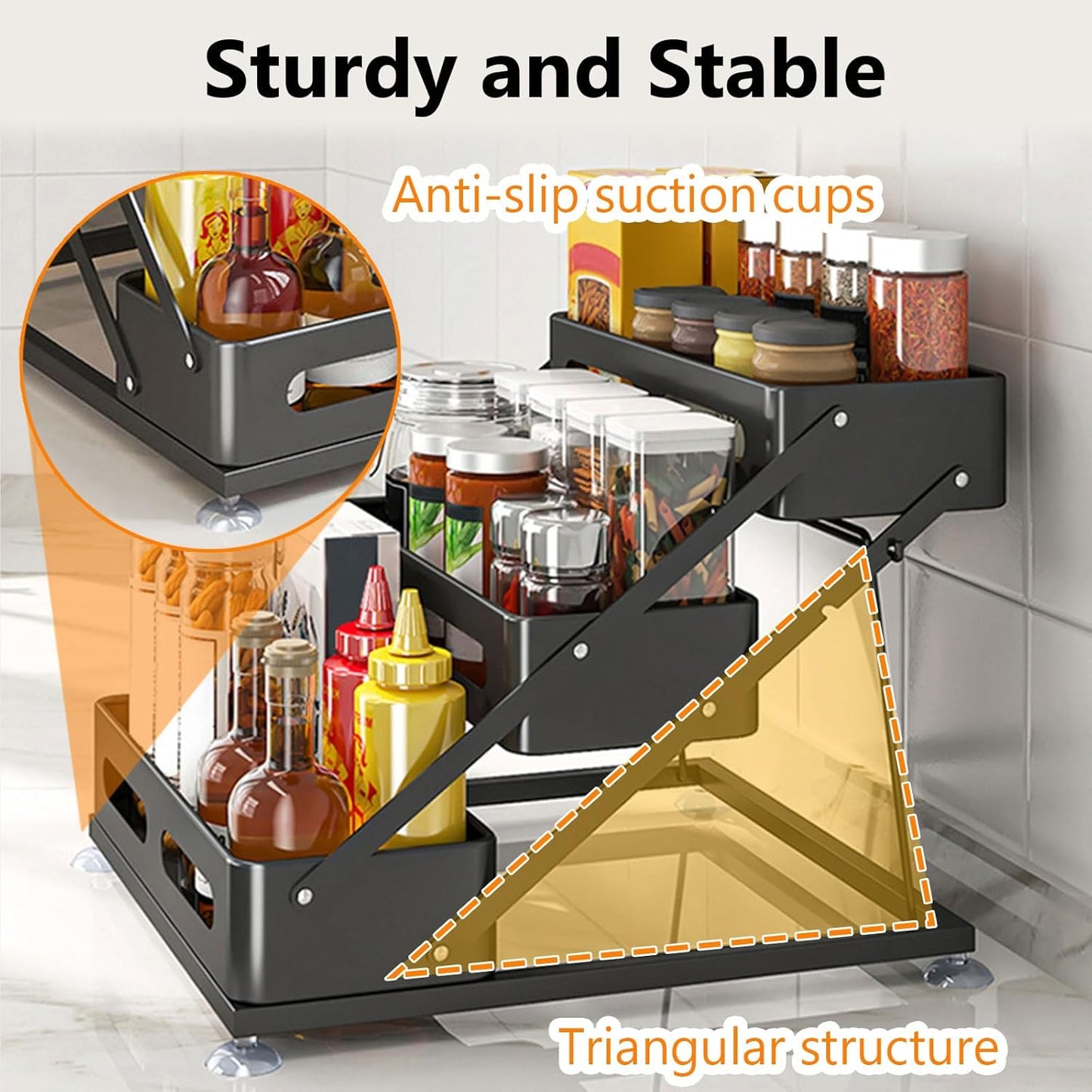 3 Tier Foldable Spice Rack, Black | Iron, For Countertop, Kitchen Seasoning Organizer, For Cabinet