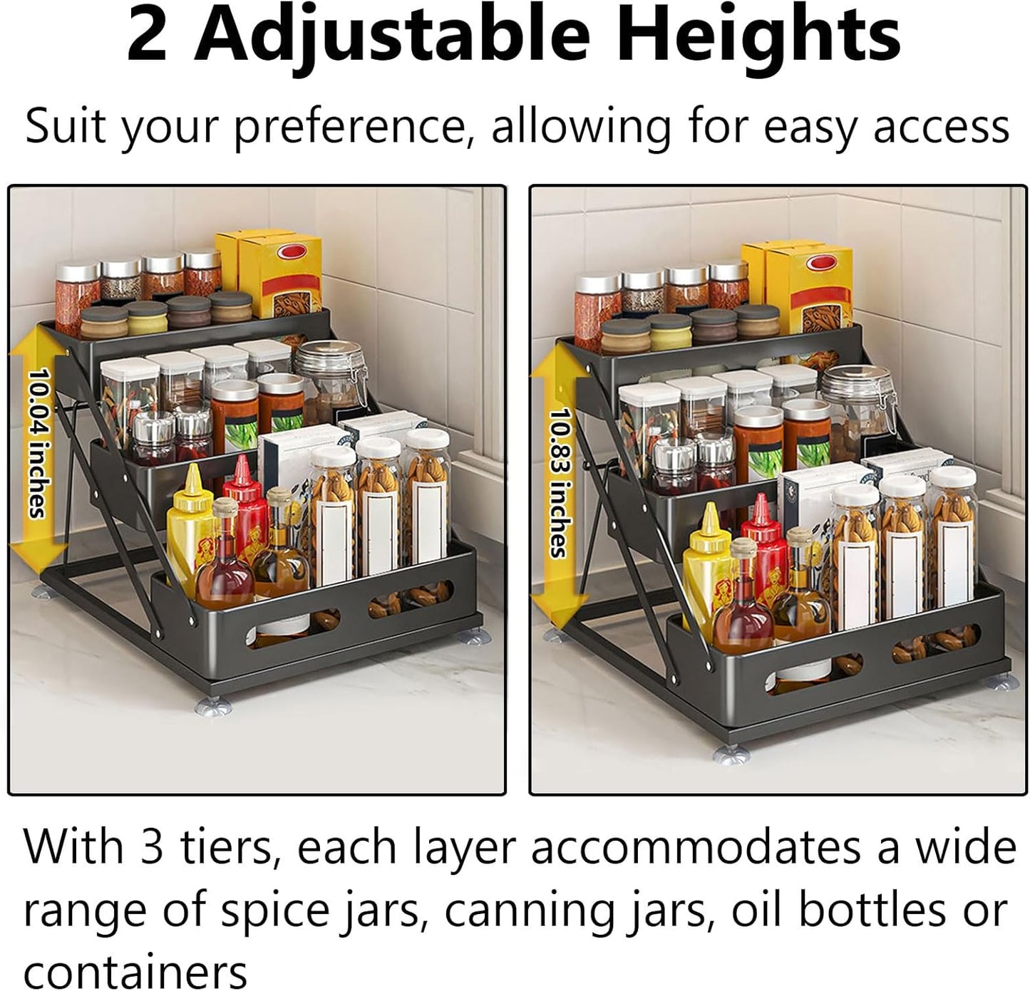 3 Tier Foldable Spice Rack, Black | Iron, For Countertop, Kitchen Seasoning Organizer, For Cabinet