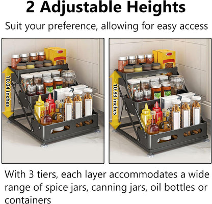 3 Tier Foldable Spice Rack, Black | Iron, For Countertop, Kitchen Seasoning Organizer, For Cabinet