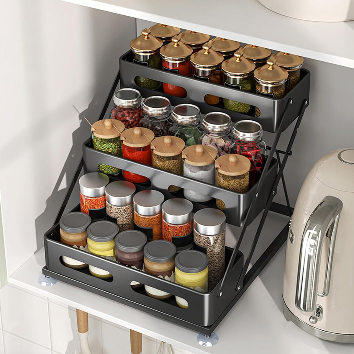 3 Tier Foldable Spice Rack, Black | Iron, For Countertop, Kitchen Seasoning Organizer, For Cabinet