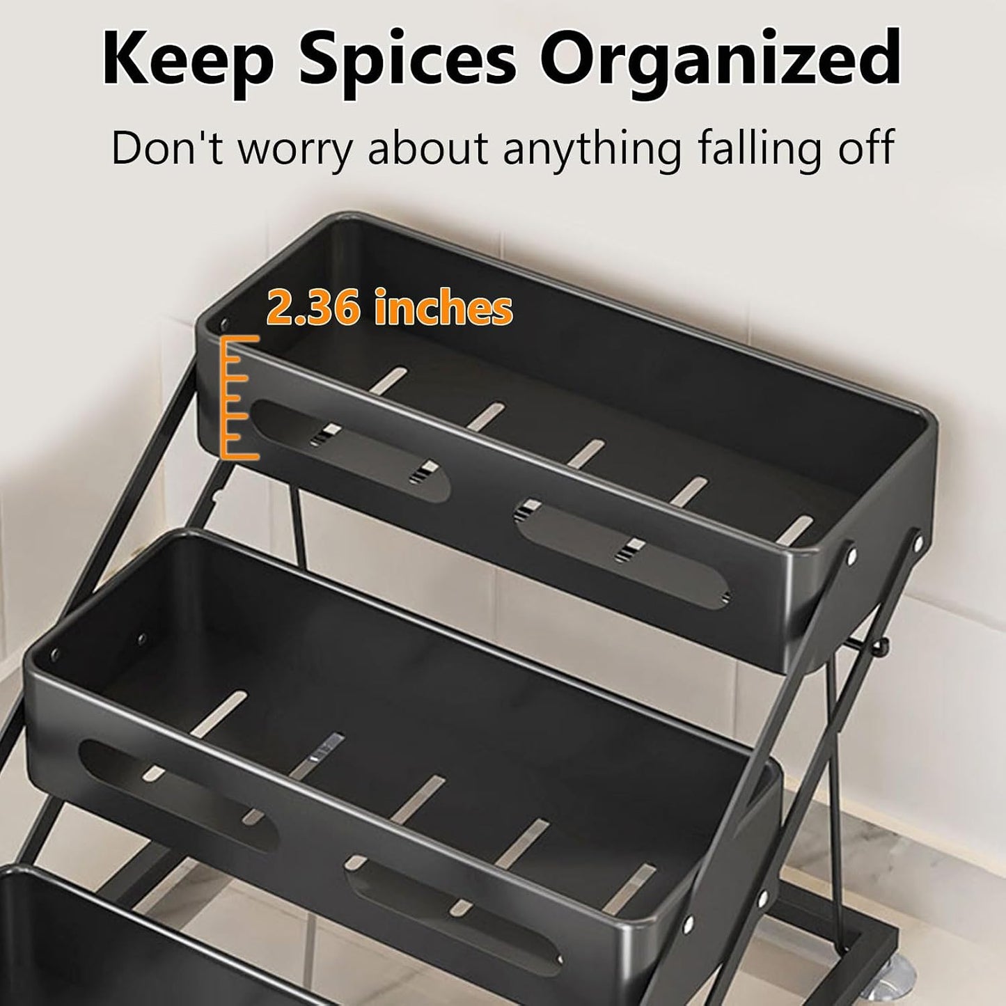 3 Tier Foldable Spice Rack, Black | Iron, For Countertop, Kitchen Seasoning Organizer, For Cabinet