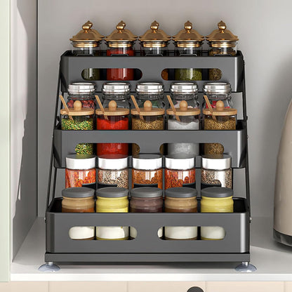 3 Tier Foldable Spice Rack, Black | Iron, For Countertop, Kitchen Seasoning Organizer, For Cabinet