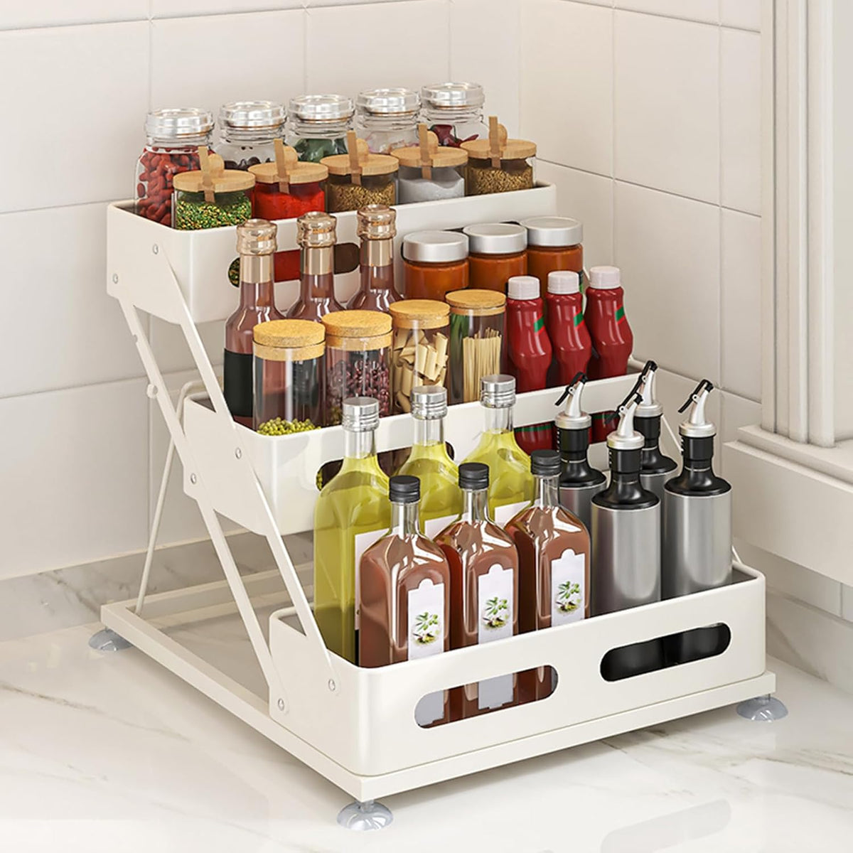 3 Tier Foldable Spice Rack, Black | Iron, For Countertop, Kitchen Seasoning Organizer, For Cabinet
