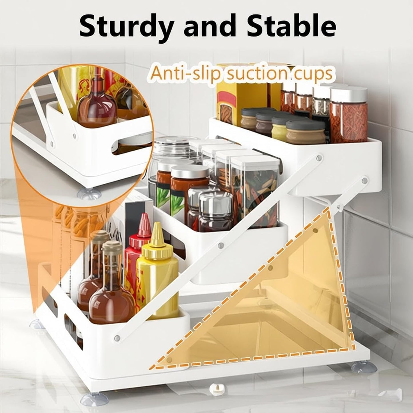 3 Tier Foldable Spice Rack, Black | Iron, For Countertop, Kitchen Seasoning Organizer, For Cabinet