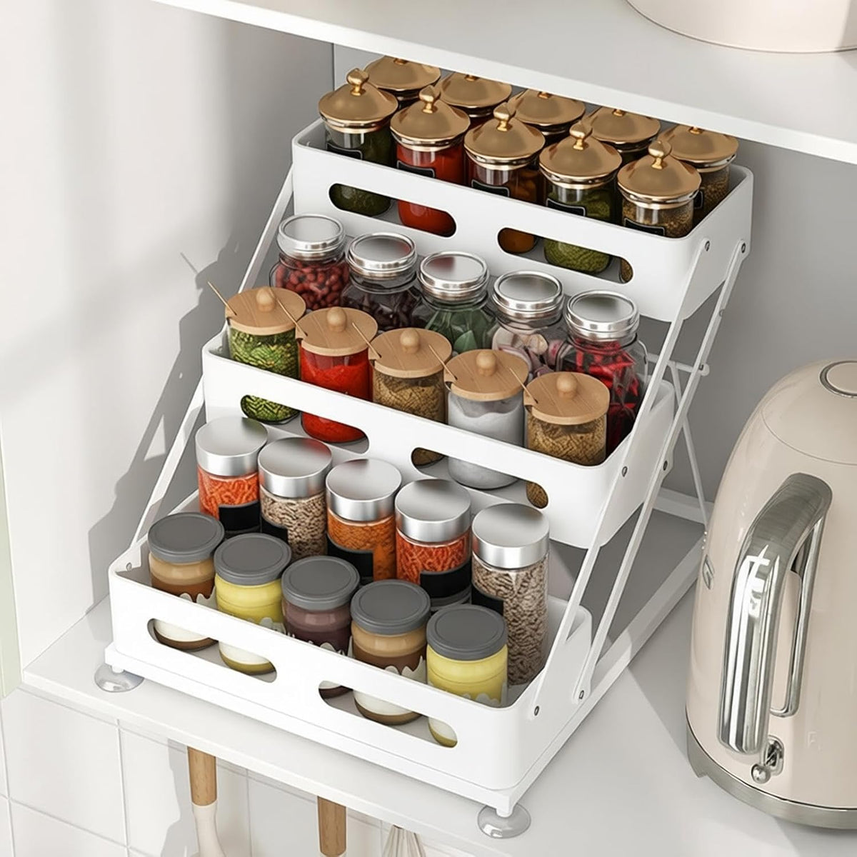 3 Tier Foldable Spice Rack, Black | Iron, For Countertop, Kitchen Seasoning Organizer, For Cabinet