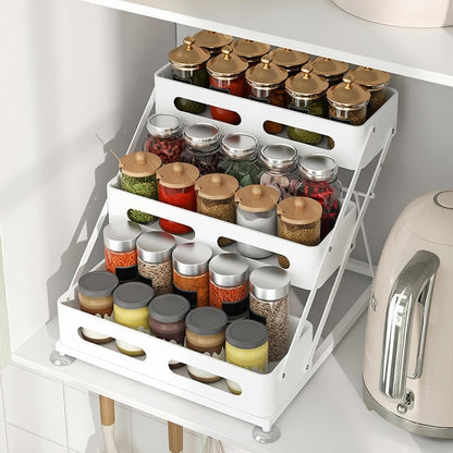 3 Tier Foldable Spice Rack, Black | Iron, For Countertop, Kitchen Seasoning Organizer, For Cabinet