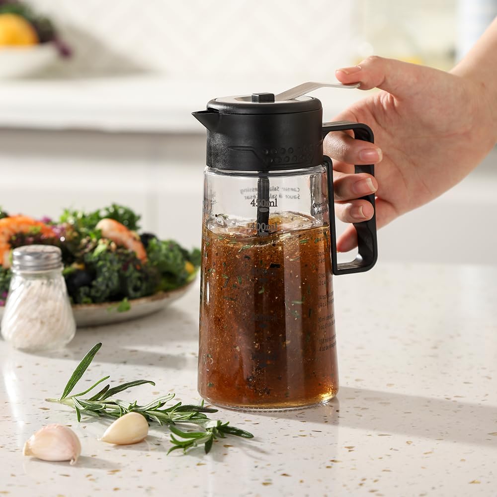 Salad Dressing Shaker Glass Homemade Salad Dressing Bottle Salad Mixer/Container with Pour Spout & Recipes， Leak-Proof, BPA-free, Easy Press Lid for One-Handed Operation