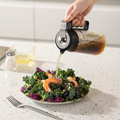 Salad Dressing Shaker Glass Homemade Salad Dressing Bottle Salad Mixer/Container with Pour Spout & Recipes， Leak-Proof, BPA-free, Easy Press Lid for One-Handed Operation