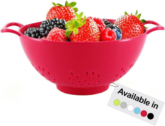 6-Inch Small Colander, 3-Cup Food Strainer, Cardinal Red | BPA-free, dishwasher-safe mini colander has a wide, shallow bowl, 1/8-inch holes, two handles, ring foot and smooth edges.
