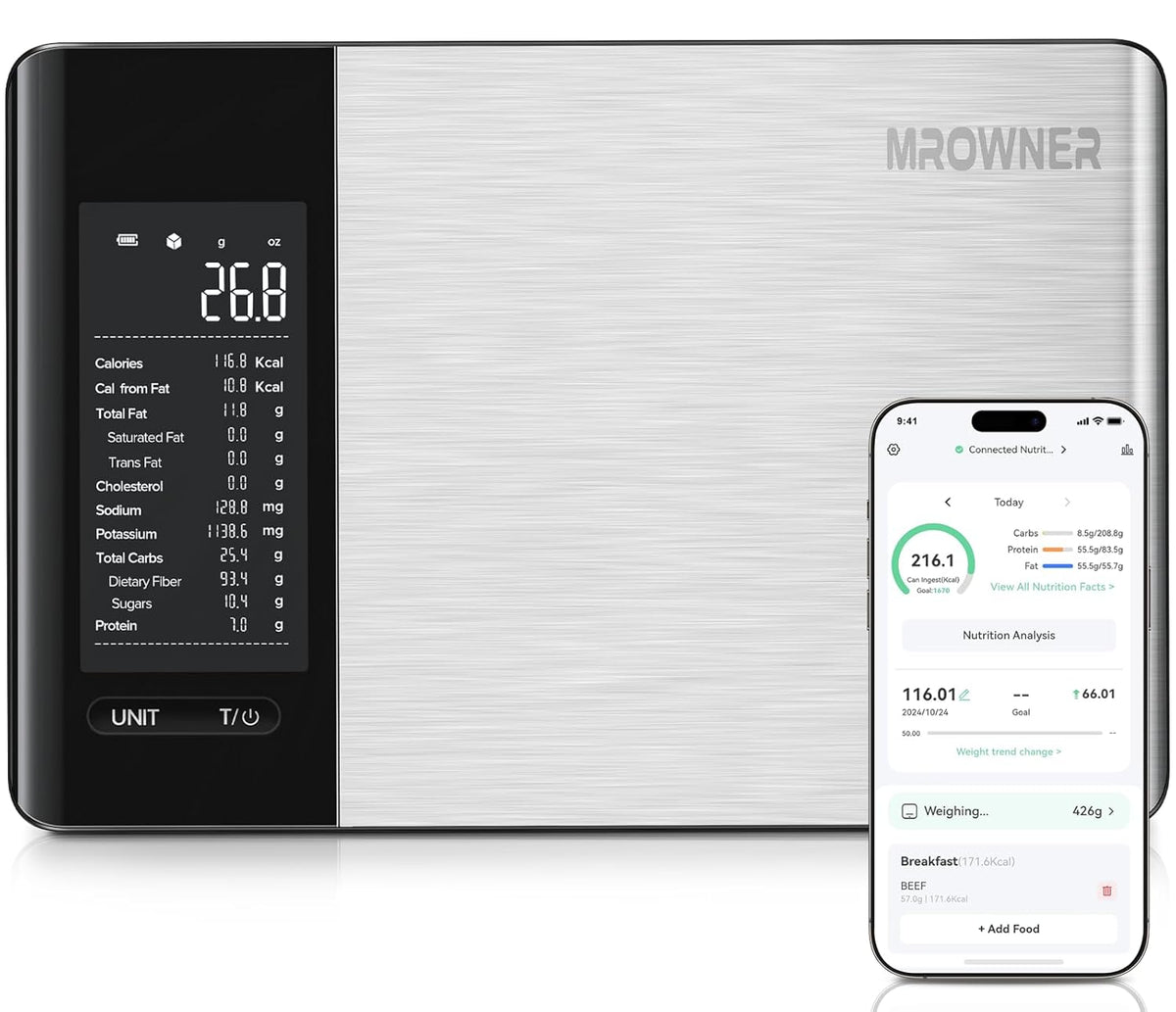 Food Kitchen Scale with Nutritional Calculator, Smart App, 22lb | Free App with 19 Nutrients Tracking, Grams and Ounces, Calorie Scale for Macro Tracking, Weight Loss Goals, Stainless Steel