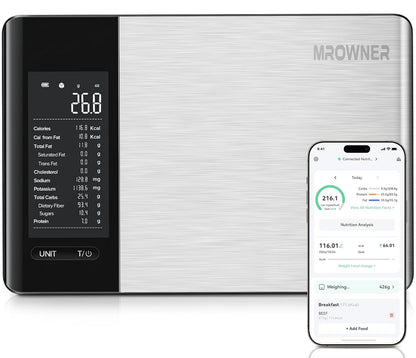 Food Kitchen Scale with Nutritional Calculator, Smart App, 22lb | Free App with 19 Nutrients Tracking, Grams and Ounces, Calorie Scale for Macro Tracking, Weight Loss Goals, Stainless Steel