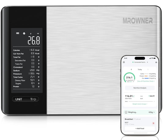 Food Kitchen Scale with Nutritional Calculator, Smart App, 22lb | Free App with 19 Nutrients Tracking, Grams and Ounces, Calorie Scale for Macro Tracking, Weight Loss Goals, Stainless Steel