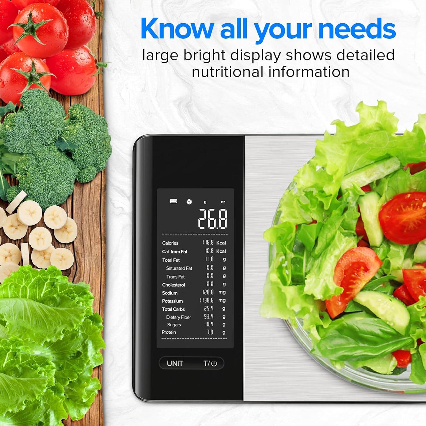 Food Kitchen Scale with Nutritional Calculator, Smart App, 22lb | Free App with 19 Nutrients Tracking, Grams and Ounces, Calorie Scale for Macro Tracking, Weight Loss Goals, Stainless Steel