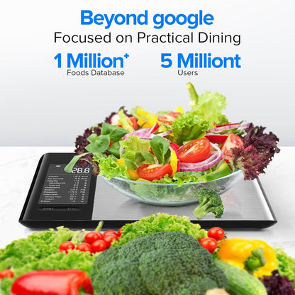 Food Kitchen Scale with Nutritional Calculator, Smart App, 22lb | Free App with 19 Nutrients Tracking, Grams and Ounces, Calorie Scale for Macro Tracking, Weight Loss Goals, Stainless Steel