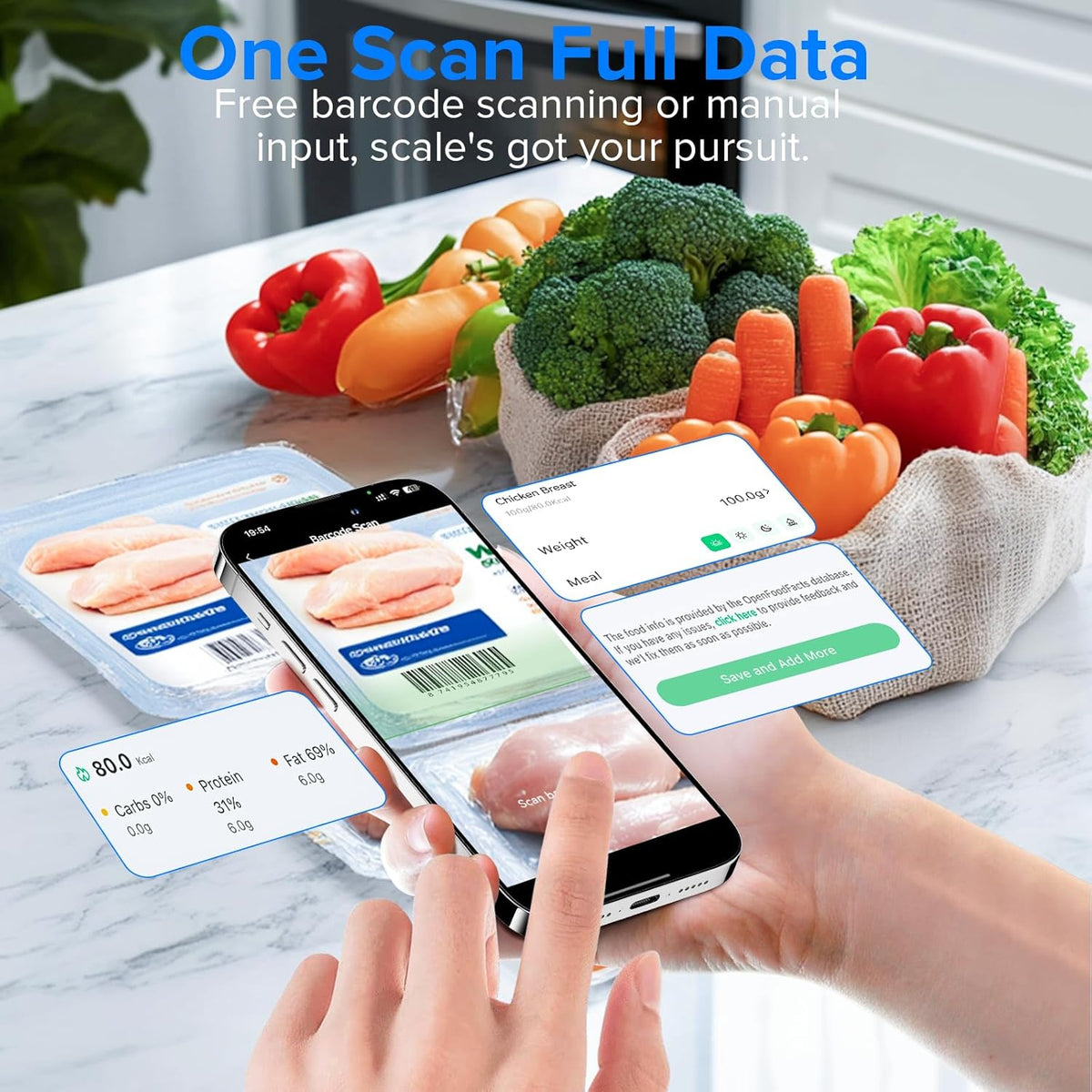 Food Kitchen Scale with Nutritional Calculator, Smart App, 22lb | Free App with 19 Nutrients Tracking, Grams and Ounces, Calorie Scale for Macro Tracking, Weight Loss Goals, Stainless Steel