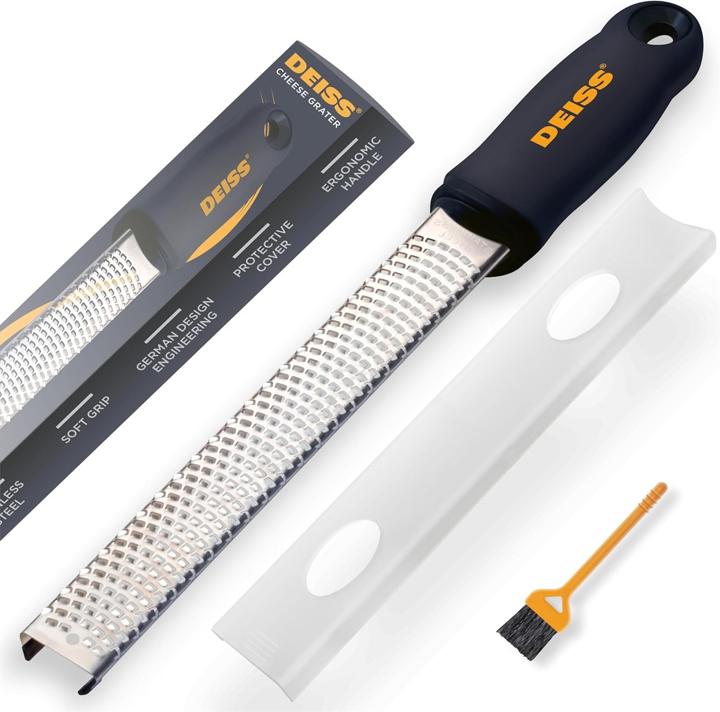 Deiss PRO Citrus Zester & Cheese Grater — Parmesan Cheese Lemon, Ginger, Garlic, Nutmeg, Chocolate, Vegetables, Fruits - Razor-Sharp Stainless Steel Blade, Wide, Dishwasher Safe