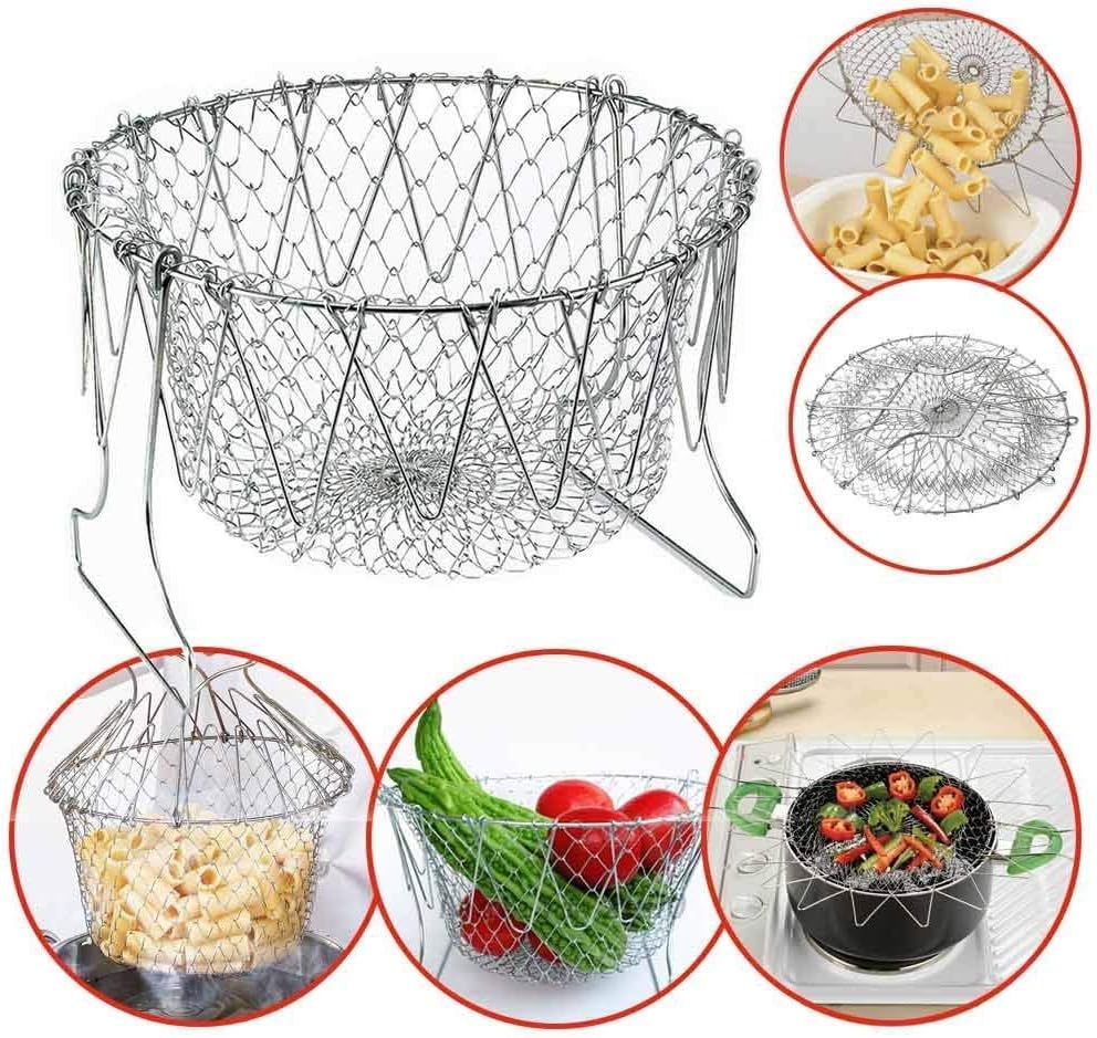 304 Stainless Steel Foldable Steam Rinse Strain Fry Basket Strainer Net Kitchen Cooking Tool for Fried Food or Fruits