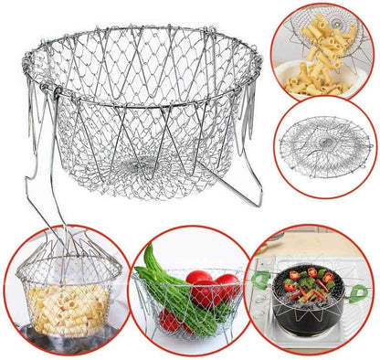304 Stainless Steel Foldable Steam Rinse Strain Fry Basket Strainer Net Kitchen Cooking Tool for Fried Food or Fruits