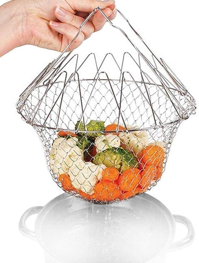 304 Stainless Steel Foldable Steam Rinse Strain Fry Basket Strainer Net Kitchen Cooking Tool for Fried Food or Fruits