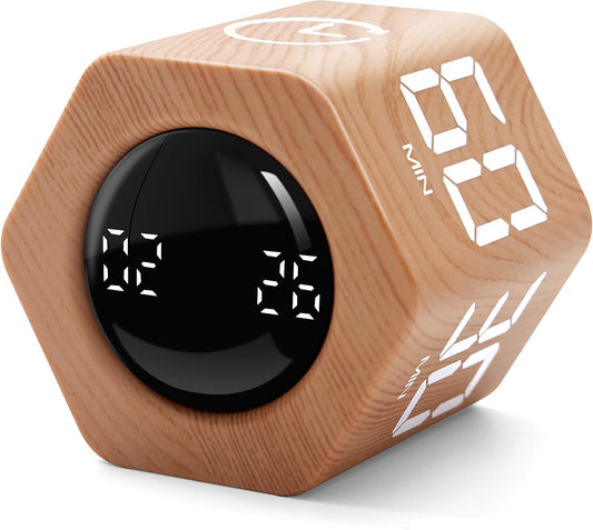 Productivity Timer 1, 5, 10, 30, 60 Minutes Preset, Desk Cube Timer with Gravity Sensor/Mute/Vibration for ADHD, Work, Study, Kitchen, Back to School (Wood Grain)