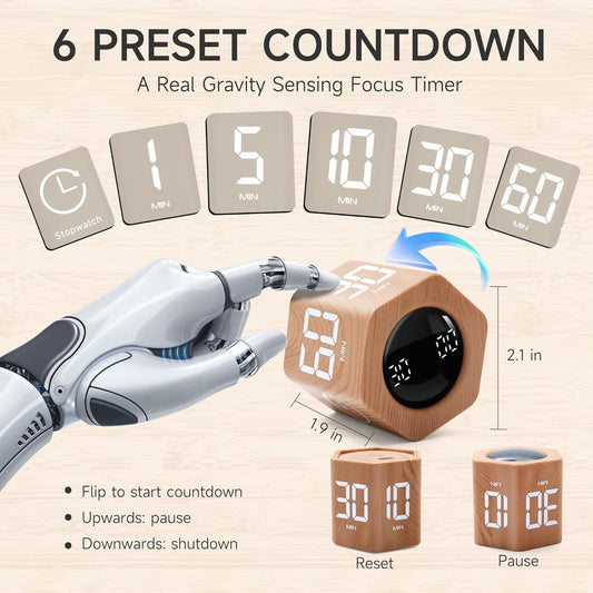 Productivity Timer 1, 5, 10, 30, 60 Minutes Preset, Desk Cube Timer with Gravity Sensor/Mute/Vibration for ADHD, Work, Study, Kitchen, Back to School (Wood Grain)