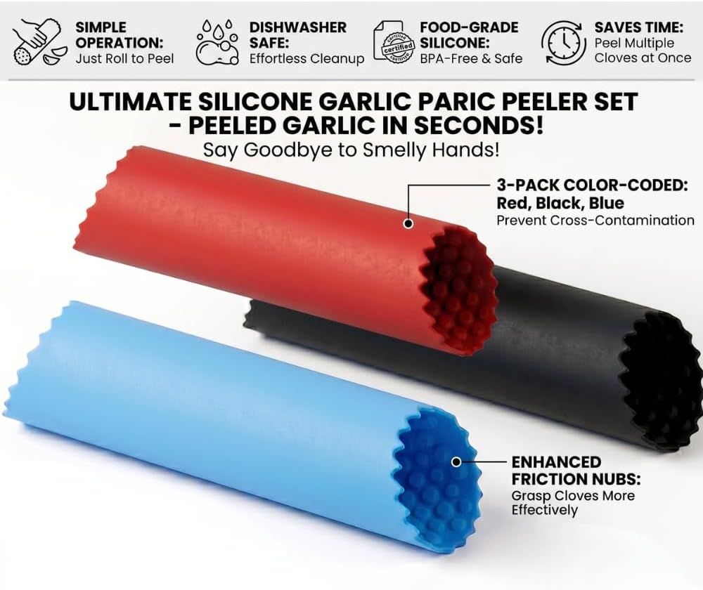 Silicone Garlic Skin Remover, 3‑Pack – Easy Peel Tubes for Garlic Cloves, Food‑Grade Non‑Slip Kitchen Tool, Reusable Dishwasher‑Safe, Blue Red Black