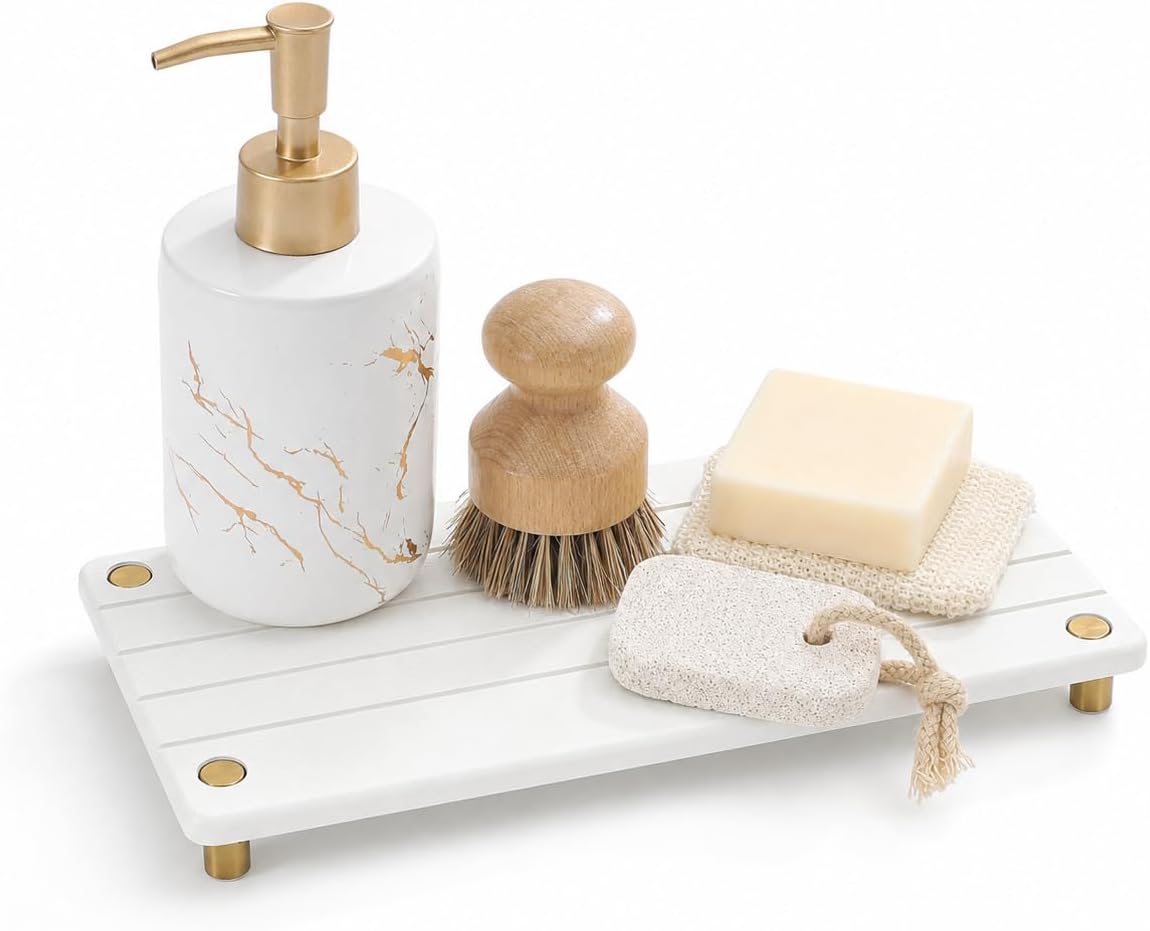 Sink Caddy Kitchen Sink Organizer, Water Absorbing Stone Tray for Sink,Diatomite Bathroom Counter Tray,Faucet Drying Mat Protector Coaster Soap Dish Rack Riser Vanity Dispenser Sponge Holder,10" x 4"