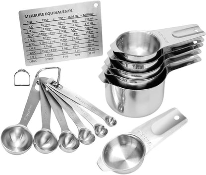 Measuring Cups and Spoons Set Heavy Duty 304 Metal Stainless Steel Measuring Cup Spoon Kitchen Gadgets for Cooking Baking (Set of 14)