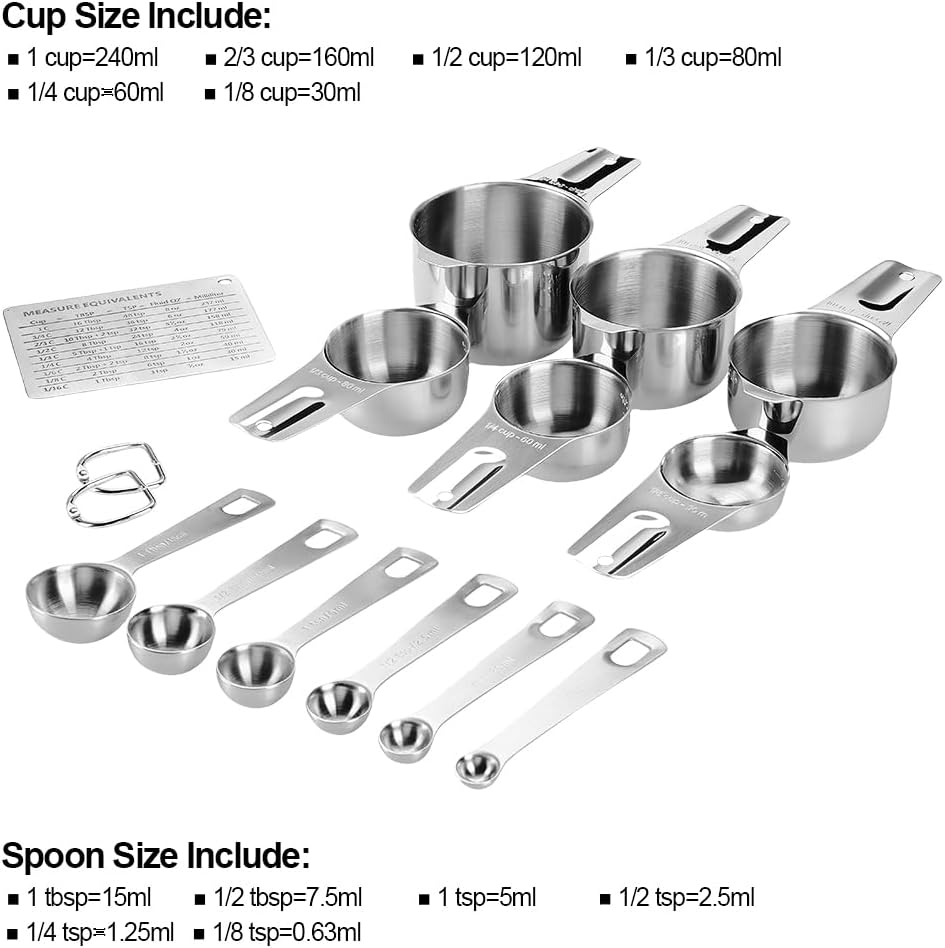 Measuring Cups and Spoons Set Heavy Duty 304 Metal Stainless Steel Measuring Cup Spoon Kitchen Gadgets for Cooking Baking (Set of 14)