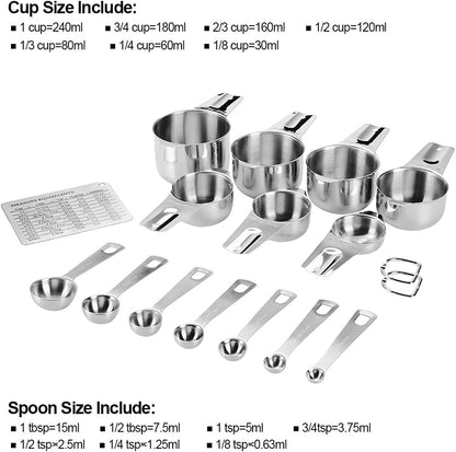Measuring Cups and Spoons Set Heavy Duty 304 Metal Stainless Steel Measuring Cup Spoon Kitchen Gadgets for Cooking Baking (Set of 14)