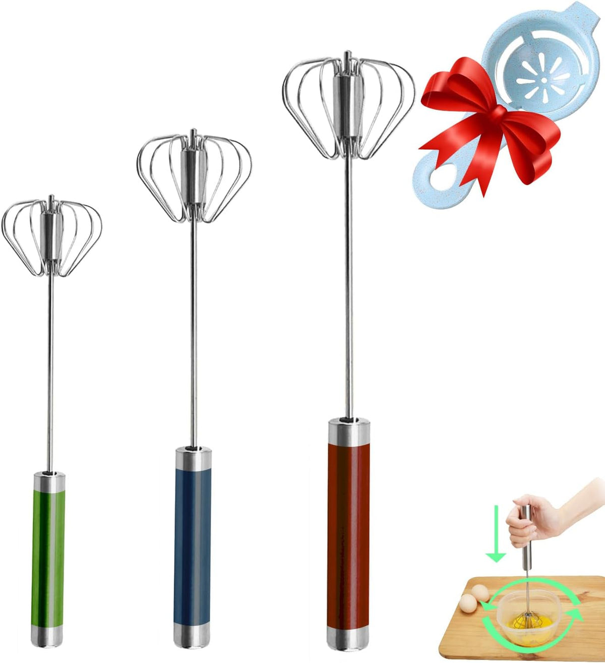 Semi-automatic Whisk, Stainless Steel Egg Beater, Hand Push Rotary Whisks Mixer Stirrer for Making Cream, Whisking, Beating and Stirring (Silver)