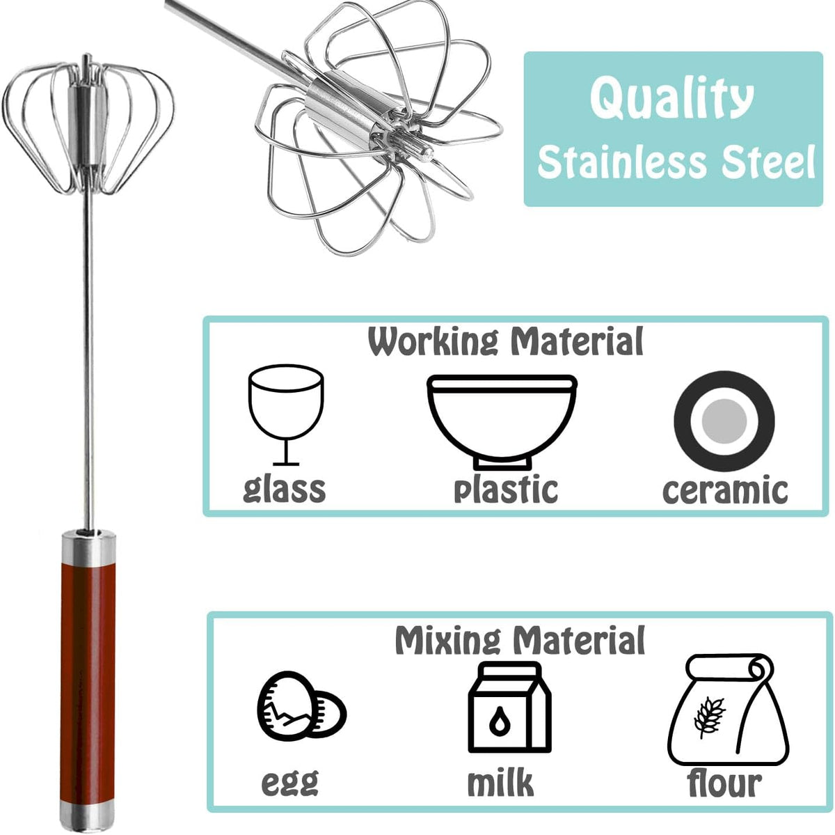 Semi-automatic Whisk, Stainless Steel Egg Beater, Hand Push Rotary Whisks Mixer Stirrer for Making Cream, Whisking, Beating and Stirring (Silver)