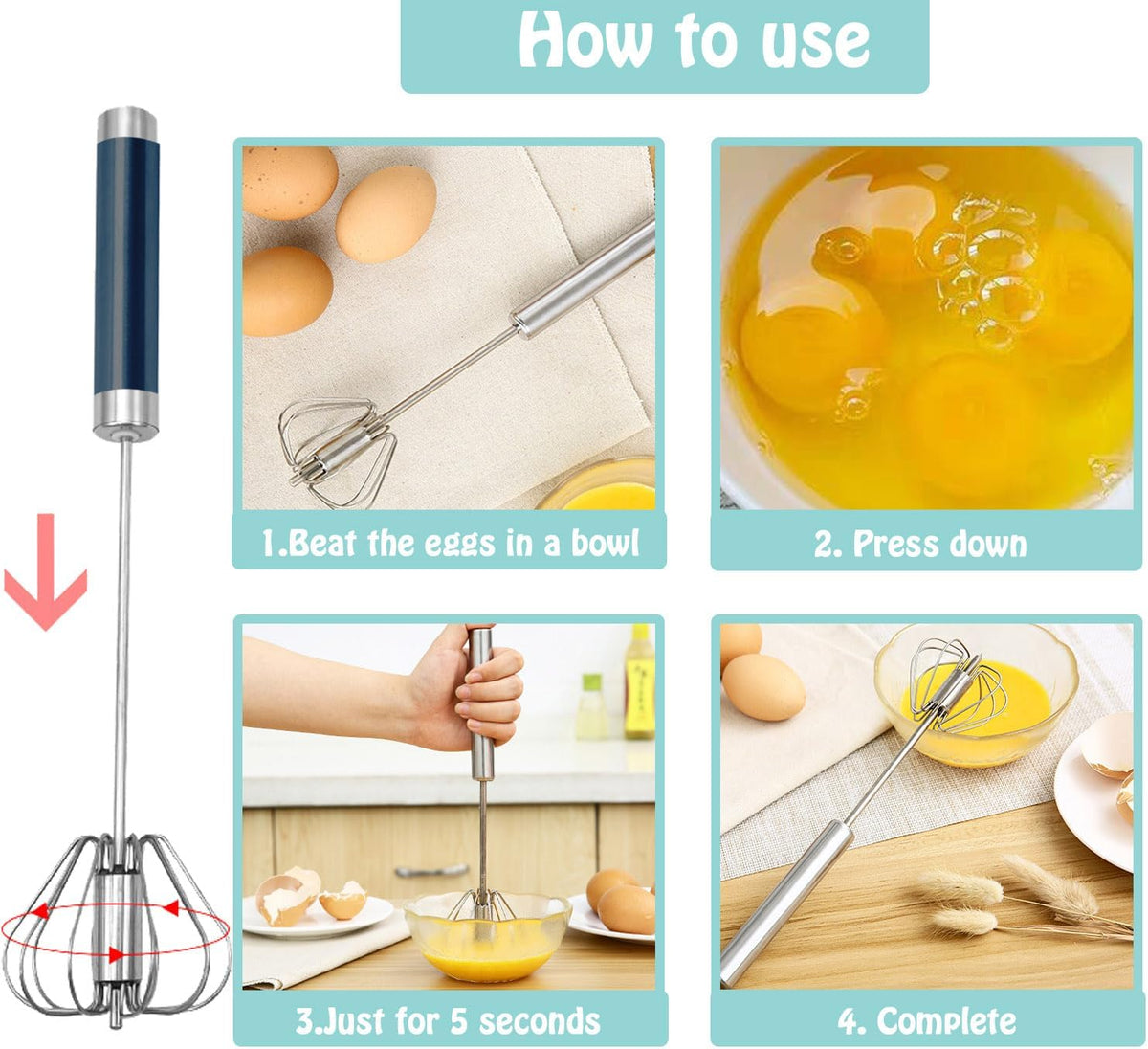 Semi-automatic Whisk, Stainless Steel Egg Beater, Hand Push Rotary Whisks Mixer Stirrer for Making Cream, Whisking, Beating and Stirring (Silver)
