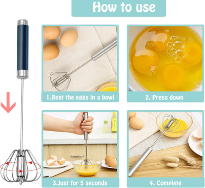 Semi-automatic Whisk, Stainless Steel Egg Beater, Hand Push Rotary Whisks Mixer Stirrer for Making Cream, Whisking, Beating and Stirring (Silver)